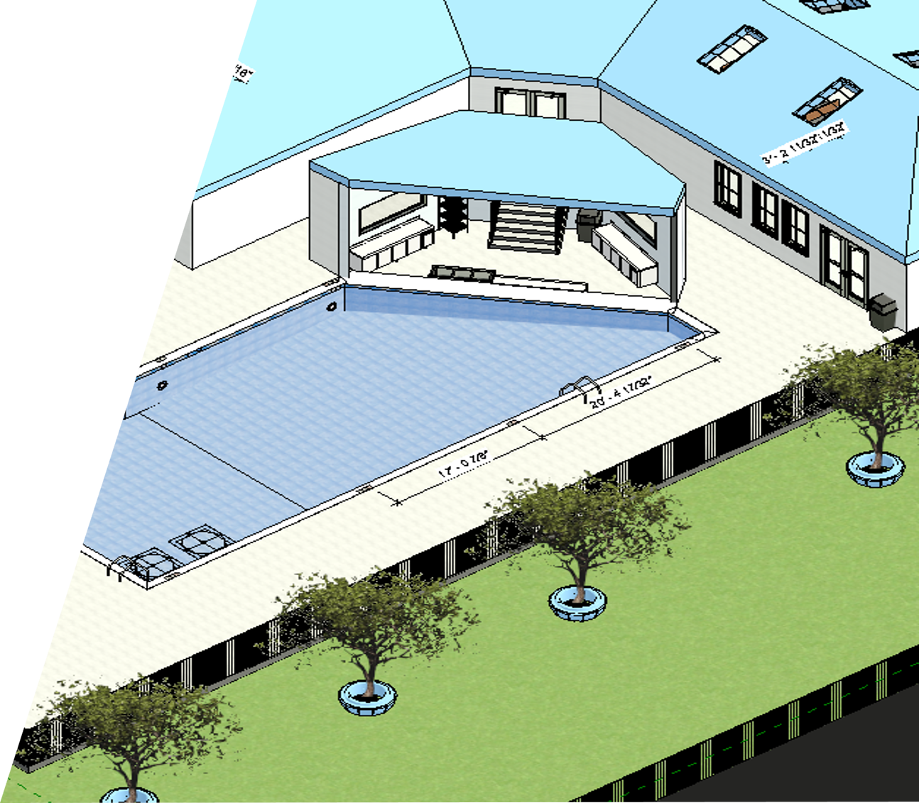 3D view of pool, swim-up bar, and surrounding building layout