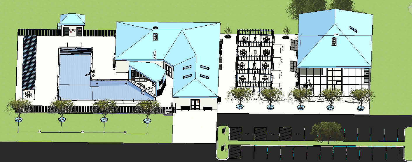 Overall 3D view of the Benedict Oasis site including restaurant, art studio, pool deck, courtyard, and parking