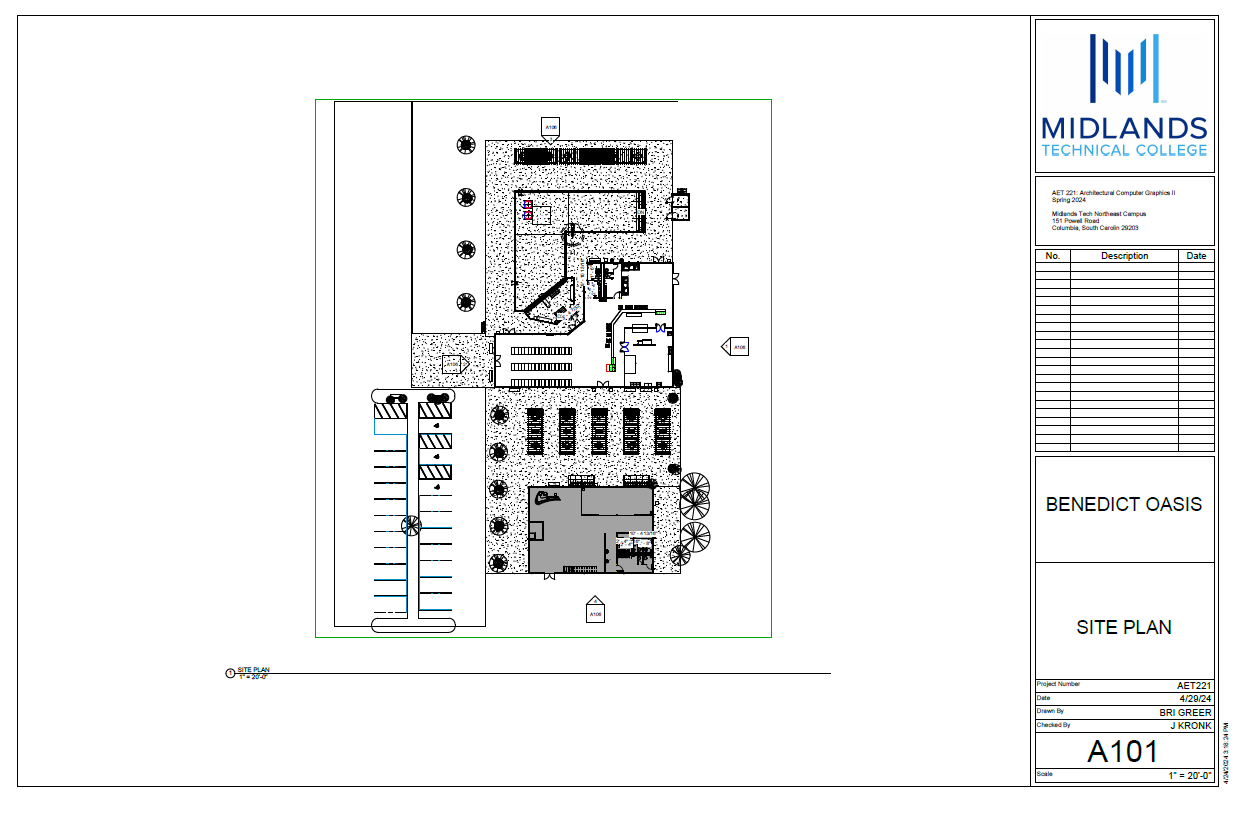 Benedict Oasis site plan with pool, restaurant, art studio, courtyard, and parking