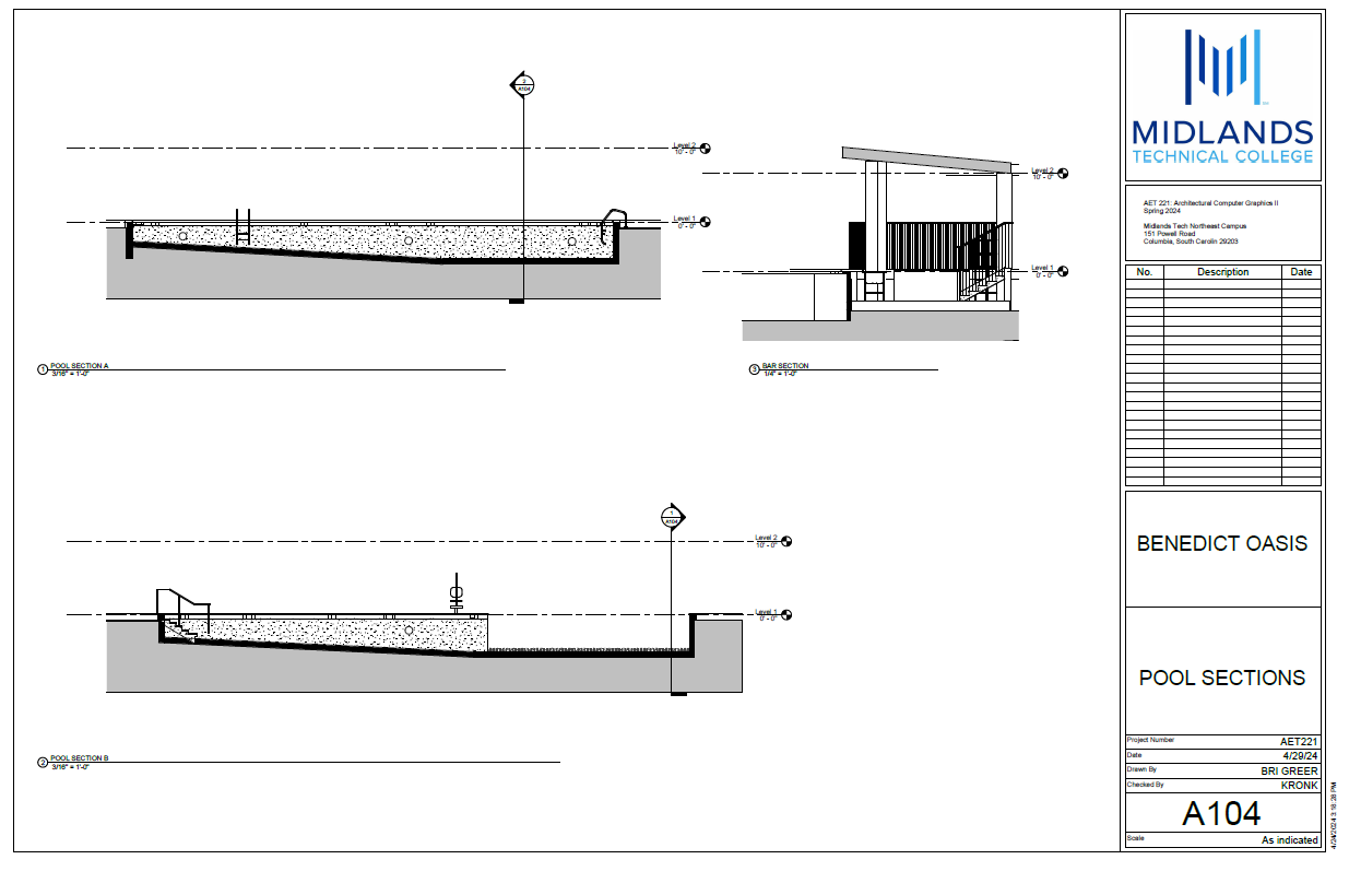 Pool sections, swim-up bar, depth markers, coping, and decking details